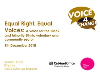Vandna Gohil Director Voice4Change England A national voice for the Black and Minority Ethnic voluntary and community sector Equal Right, Equal Voices:  A voice for the Black and Minority Ethnic voluntary and community sector 9th December 2010 
