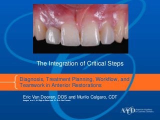 Diagnosis, Treatment Planning, Workflow, and
Teamwork in Anterior Restorations
Eric Van Dooren, DDS and Murilo Calgaro, CDT
Images are © , All Rights Reserved, Dr. Eric Van Dooren
The Integration of Critical Steps
 