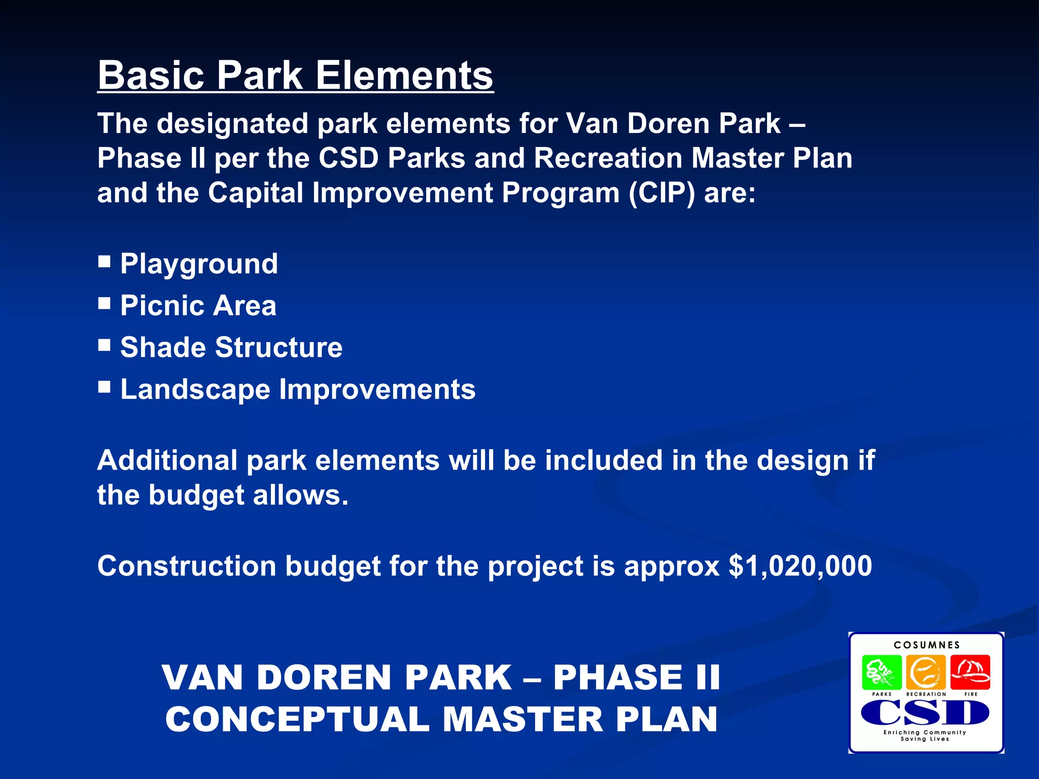 Cosumnes CSD - Van Doren Park - Phase II - Conceptual Master Plan