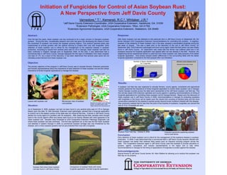 Initiation of Fungicides for Control of Asian Soybean Rust:
                          A New Perspective from Jeff Davis County
                                                                       Varnedore,* T.1, Kemerait, R.C.2, Whitaker, J.R.3
                                                1Jeff  Davis County Extension Coordinator, UGA Cooperative Extension, Hazlehurst, GA. 31539
                                                              2Extension Pathologist, UGA Cooperative Extension, Tifton, GA 31793
                                                      3Extension Agronomist-Soybeans, UGA Cooperative Extension, Statesboro, GA 30460



Abstract:                                                                                                                              Response:
Over the last five years, Asian soybean rust has continued to be a major concern to Georgia’s soybean                                  After Asian soybean rust was detected on this particular farm in Jeff Davis County on September 4th, the
growers. During this time, considerable research and work has gone into developing the means to track                                  farmer followed UGA Cooperative Extension recommendations for controlling this problem. A neighbor,
the movement of soybean rust across the soybean growing regions This protocol (sentinel plots) was
                                                               regions.                                                                unaware of the presence of Asian soybean rust in the area sprayed a preventative fungicide during the
                                                                                                                                                                                                area,
implemented to provide growers with the optimal warning to protect their crop with fungicides. Early                                   last week of August. This was a week prior to the discovery of the rust in Jeff Davis County. On
detection of Asian soybean rust is critical for the management of this explosive disease in soybean                                    September 30th, UGA Extension pathologist and local county agent visited the field where rust was initially
production. According to reports from sentinel plots east of I-75 in Georgia, Asian soybean rust had not                               found in Jeff Davis County. An observation was made that this farmer had suffered yield loss in his
been confirmed in Eastern Georgia prior to September 2009. At this time, it was determined that a                                      soybeans because his fungicide application was applied after rust was already in the field. However, the
commercial field in Jeff Davis County, Georgia displayed the first signs of infestation from Asian soybean                             neighboring farmer experienced almost no yield loss from Asian soybean rust, likely because of his earlier
rust east of I-75. As a result of this discovery, it has been determined that sentinel plots alone will not                            fungicide application. Arial photos showed drastic differences in the surrounding fields with the earlier
ultimately protect farmers from Asian soybean rust.                                                                                    fungicide application compared to the field sprayed after rust infestation.

                                                                                                                                                           Bushels of Beans Needed to Pay                           Jeff Davis County Soybean Acres
Objective:                                                                                                                                                          for Fungicides
                                                                                                                                                                                                                      Headline   Folicur   Non-Treated

The primary objective of this program in Jeff Davis County was to educate farmers, Extension personnel
                                                                                                                                                      2
and industry representatives about the importance of early detection of Asian soybean rust and the critical                                                                                                                 Non-
                                                                                                                                                                                                                          Treated, Headline,
importance of timely fungicide applications to manage this disease.                                                                                  1.5        Headline                                                   1000,    1500,
                                                                                                                                                                  1.68                                                      25%      37%
                                                                                                                                                      1
                                                                                                  As of September 8, 2009
                                                                                                                                                                                  Folicur                                    Folicur,
                                                                                                                                                     0.5                           0.71                                       1500,
                                                                                                                                                                                                                              38%
                                                                                                                                                      0
                                                                                                                                                              Headline          Folicur

                                                                                                                                       Results:
                                                                                                                            *Map #1
                                                                                                                                            y                   y         g                           ,      y g     ,                   g
                                                                                                                                       A soybean rust field day was organized to educate farmers, county agents, consultants and agricultural
                                                                                                                                       industry personnel the importance of timely fungicide application to control Asian soybean rust in Georgia.
                                                                                                                                       Twelve Georgia counties across the state were represented at the Jeff Davis soybean rust field day. This
                                                                                                                                       find will also assist UGA Extension specialist and county agents in updating recommendations on timing of
                                                                                                                                       fungicide applications for controlling Asian soybean rust for Georgia farmers. Based upon the discovery of
                                                                                                                                       Asian soybean rust in Jeff Davis County in 2009; recommendations in Georgia for protecting soybeans
                                                                                                                            *Map #2    with fungicides in the future will be based upon the results from scouting of sentinel plots and the more
Leaves with soybean rust                      Microscopic view of soybean                                                              conservative potential for the disease to spread quickly beyond known locations infested with this disease.
                                              rust pustules                                  Detection of soybean rust in Jeff Davis   Also producers realized that for less than the price of two bushels of soybeans, fungicides can prevent the
                                                                                             County, GA made public in USA
Situation:                                                                                   *Maps obtained from www.sbrusa.net        loss of 10 to 15 bushels per acre.

As of September 8 2009 soybean rust had not been found in any sentinel plots east of I-75 in Georgia
                    8, 2009,                                                                            Georgia.
Based upon this data, Dr. Bob Kemerait, Extension plant pathologist, advised that a fungicide application
to control rust in the eastern portion of the state was not critical at that time. A farmer in Jeff Davis County
alerted his county agent of a problem with his soybeans. After observing the field, samples were brought
back to the county agent’s office and leaves were found to be heavily infested with what appeared to be
Asian soybean rust. Samples were forwarded to UGA Cooperative Extension Pathology Diagnostic Lab
where Asian soybean rust was confirmed. This find was significant as: a) this was the first Asian soybean
rust detected in eastern Georgia in 2009, b) commercial soybean acreage was now threatened by this
disease, and c) many soybean growers had not yet protected their crop with a fungicide.


                                                                                                                                       Soybean R t Fi ld D - O t b 8, 2009
                                                                                                                                       S b     Rust Field Day October 8                             Extension personnel explaining soybean
                                                                    Late fungicide application
                                                                                                                                                                                                    rust to local farmer
                                                                                                                                       Conclusion:
                                                                                                                                       Early detection of Asian soybean rust is critical for the management of this explosive disease in soybean
                                                                                                                                       production. In 2009, it was determined that a commercial field in Jeff Davis County became infected with
                                                                                                                                       Asian soybean rust earlier than believed likely based upon an intensive scouting program across the
                                                                     Timely fungicide application
                                                                                                                                       state. The Cooperative Extension agent in Jeff Davis County used this example to provide education to
                                                                                                                                       growers, agents, consultants, and industry representatives in the region and to help refine
                                                                                                                                       recommendations in Georgia for the timing of applications of fungicides to protect against this disease.

                                                                                                                                       Acknowledgements:
                                                                                                                                       Special thanks to Jeff Davis County farmer Mr Alton Walters for allowing us to conduct this soybean rust
                                                                                                                                                                           farmer, Mr.
                                                                                                                                       field day on his property.

                                                                                                 Timely fungicide
                                                                                                 application



      Soybean field where Asian soybean                  Comparison of soybean fields with timely
      rust was found in Jeff Davis County                fungicide application and late fungicide application
 