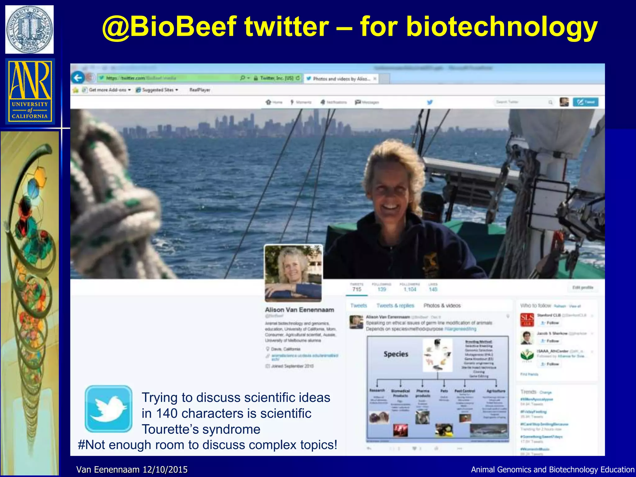 @BioBeef twitter – for biotechnology
Trying to discuss scientific ideas
in 140 characters is scientific
Tourette’s syndrome
#Not enough room to discuss complex topics!
Animal Genomics and Biotechnology EducationVan Eenennaam 12/10/2015
 