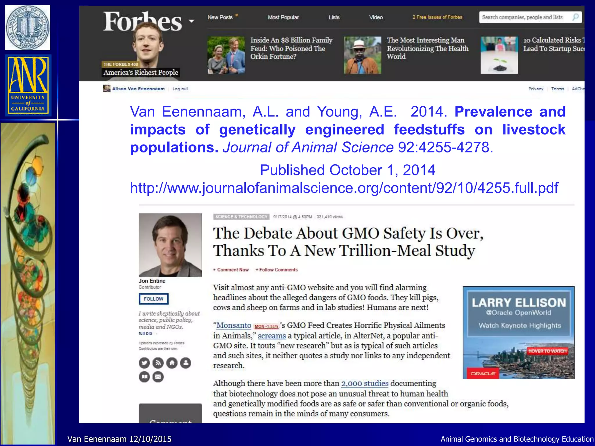 Van Eenennaam, A.L. and Young, A.E. 2014. Prevalence and
impacts of genetically engineered feedstuffs on livestock
populations. Journal of Animal Science 92:4255-4278.
Published October 1, 2014
http://www.journalofanimalscience.org/content/92/10/4255.full.pdf
Van Eenennaam 12/10/2015 Animal Genomics and Biotechnology Education
 