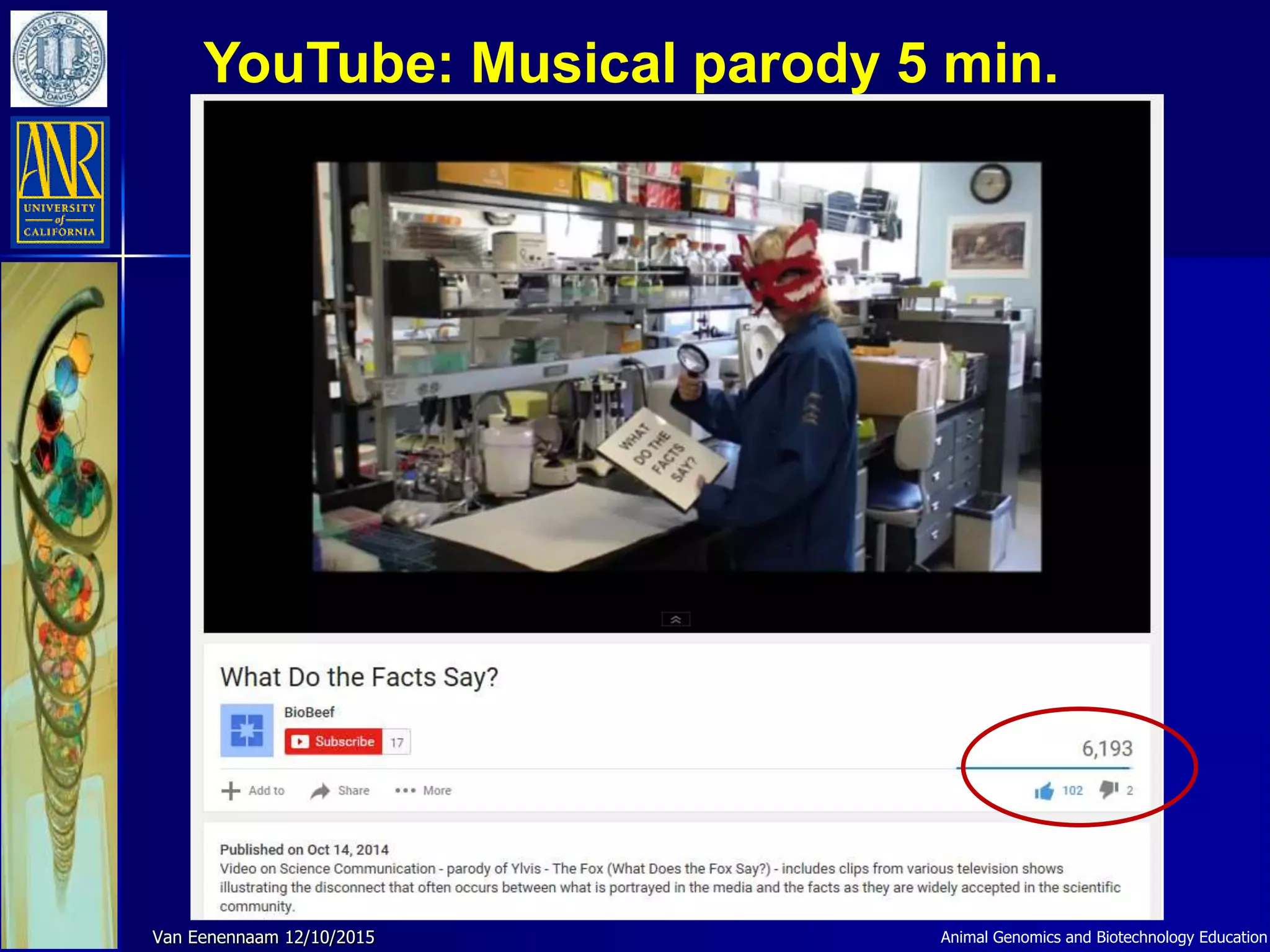 Animal Genomics and Biotechnology EducationVan Eenennaam 12/10/2015
YouTube: Musical parody 5 min.
 