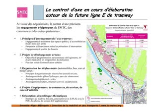 Le contrat d’axe en cours d’élaboration
                                 autour de la future ligne E de tramway
    A l’issue des négociations, le contrat d’axe précisera
    les engagements réciproques du SMTC, des
    communes et des autres partenaires :

•     1. Principes d’aménagement de l’axe tramway :
       –   Engagements de traitement des espaces publics, d’accessibilité en
           modes doux aux arrêts
       –   Partenariat et financement selon les périmètres d’intervention
       –   Engagements de qualité de desserte

•     2. Projets de développement urbain :
       –   Objectifs de programmation par commune (nb logements, m²
           d’activités) selon les temporalités de réalisation
       –   Plan des zones d’intensification urbaine

•     3. Organisation des déplacements (automobiles, bus, cars et
      modes doux)
       –   Principes d’organisation des réseaux bus associés et cars,
       –   Aménagement des pôles d’échanges, parcs de rabattement
       –   Aménagements piétons et cycles,
       –   Aménagements routiers, itinéraire convois exceptionnels

•     4. Projets d’équipements, de commerces, de services, de
      zones d’activités

•     5. Orientations des politiques thématiques
       –   Stratégies de maîtrise foncière, articulation avec le PLH, avec le
           PDU, le schéma de secteur de l’agglomération

      Grenoble-Alpes-Métropole  Direction de la mobilité et des transports  www.la-metro.org
      Grenoble- Alpes-                           mobilité                     www.la-
 