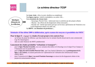 Le schéma directeur TCSP


                          Le tram- train : rôle et avenir, doublon ou complément
                          Les lignes express : intérêt en périphérie, au centre ville....
                          Les extensions du réseau tram :
 Quelques
                                 - Sassenage, Pont de Claix : intéressant mais à conforter par des projets urbains
éléments de                      - Meylan : des efforts de développement urbain nécessaire…
la réflexion                     - Rocade sud : intérêt équivalent quel que soit le tracé, optimisation de l'itinéraire avec
                                 le développement urbain et le pôle sud...
                          Le BHNS : ses domaines de pertinence…

Séminaire d’élus début 2009 et délibération, après examen des moyens et possibilités du SMTC
Pour la ligne E : engager les études d’avant-projet et de contrat d’axe
-       sur la base du projet de référence par Jean-Jaurès avec la variante fourche desservant la zone commerciale
        Cap 38 à Saint-Egrève
-       dans un cadre financier du SMTC prédéterminé

Lancement des études préalables “urbanisme et transport” :
-       pour la ligne Meylan-Grenoble, avec ses variantes (Inovallée) et le bouclage avec la ligne D au Campus et
        l’interaction avec la rocade nord
-       pour la ligne du sud Grenoble-Pont de Claix : par l’axe Jaurès-Libération avec le prolongement de la
        ligne A au Canton, et examen particulier de l’optimisation de l’utilisation des infrastructure ferrées
        (SMTC/RFF)
-       pour l’extension de la ligne A au nord Fontaine-Sassenage en raison du développement urbain et des
        projets de restructuration urbaine

                                                                                                                               46
    Grenoble-Alpes-Métropole  Direction de la mobilité et des transports  www.la-metro.org
    Grenoble- Alpes-                           mobilité                     www.la-
 