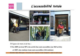 L’accessibilité totale




30 lignes de tram et de bus :
   En 2009 environ 90% des arrêts bus sont accessibles (sur 865 arrêts)
    et 100% des stations tram sont accessibles (146 stations)
Grenoble-Alpes-Métropole  Direction de la mobilité et des transports  www.la-metro.org
Grenoble- Alpes-                           mobilité                     www.la-
 