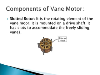  Motor Housing: It is hollow cylinder in which
the rotor and vanes are kept. The center of
rotor is offset with the housi...