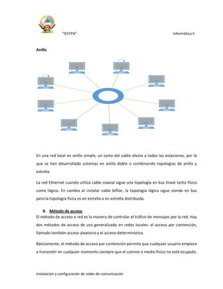 “IESTPA” informática II
Instalación y configuración de redes de comunicación
Anillo
En una red local en anillo simple, un corte del cable afecta a todas las estaciones, por lo
que se han desarrollado sistemas en anillo doble o combinando topologías de anillo y
estrella.
La red Ethernet cuando utiliza cable coaxial sigue una topología en bus lineal tanto físico
como lógico. En cambio al instalar cable bifilar, la topología lógica sigue siendo en bus
pero la topología física es en estrella o en estrella distribuida.
8. Método de acceso
El método de acceso a red es la manera de controlar el tráfico de mensajes por la red. Hay
dos métodos de acceso de uso generalizado en redes locales: el acceso por contención,
llamado también acceso aleatorio y el acceso determinístico.
Básicamente, el método de acceso por contención permite que cualquier usuario empiece
a transmitir en cualquier momento siempre que el camino o medio físico no esté ocupado.
 