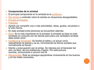 Componentes de la amistadEl principal componente en la amistad es la confianza.Dar ánimos y entender cómo te sientes en situaciones desagradables.Empatía y simpatía.Fidelidad.Agrado por compartir una o más actividades, ideas, gustos, recuerdos o la vida misma.En toda amistad entre personas se encuentran además:Amor. Es lo más importante en la amistad, la amistad se basa en este concepto en conjunto con los demás pero para una verdadera amistad debe existir amor.Confianza y sinceridad. Se facilita el hablar y el actuar como naturalmente se piensa y se es, minimizando los frenos sociales que normalmente se tienen.Interés y preocupación por el amigo. Se interesa por el bienestar del otro, es decir, de sus problemas y logros. Por esto procura reunirse, comunicarse o convivir con él.Reciprocidad. Ésta se consigue apoyándose mutuamente en los buenos y en los malos momentos.