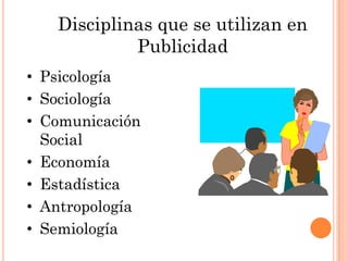 Disciplinas que se utilizan en
            Publicidad
• Psicología
• Sociología
• Comunicación
  Social
• Economía
• Estadística
• Antropología
• Semiología
 
