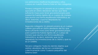 Los astrónomos clasifican los planetas y otros 
cuerpos en nuestro Sistema Solar en tres categorías: 
Primera categoría: Un planeta es un cuerpo celeste 
que está en órbita alrededor del Sol, que tiene 
suficiente masa para tener gravedad propia para 
superar las fuerzas rígidas de un cuerpo de manera 
que asuma una forma equilibrada hidrostática, es 
decir, redonda, y que ha despejado las 
inmediaciones de su órbita. 
Segunda categoría: Un planeta enano es un cuerpo 
celeste que está en órbita alrededor del Sol, que 
tiene suficiente masa para tener gravedad propia 
para superar las fuerzas rígidas de un cuerpo de 
manera que asuma una forma equilibrada 
hidrostática, es decir, redonda; que no ha 
despejado las inmediaciones de su órbita y que no 
es un satélite. 
Tercera categoría: Todos los demás objetos que 
orbitan alrededor del Sol son considerados 
colectivamente como "cuerpos pequeños del 
Sistema Solar". 
 