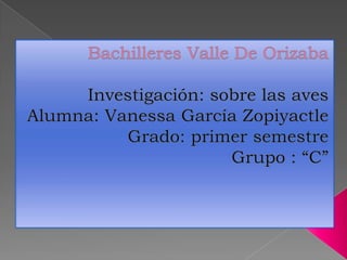 Bachilleres Valle De Orizaba Investigación: sobre las aves Alumna: Vanessa García Zopiyactle Grado: primer semestre Grupo : “C” 