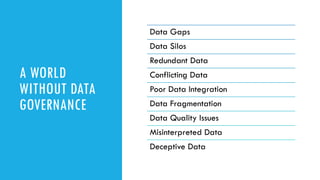 A WORLD
WITHOUT DATA
GOVERNANCE
Data Gaps
Data Silos
Redundant Data
Conflicting Data
Poor Data Integration
Data Fragmentat...