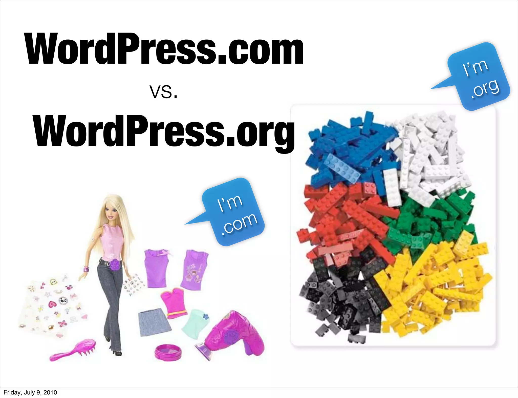 WordPress.com                 I’m
                       vs.            .org

          WordPress.org
                             I’m
                             . com




Friday, July 9, 2010
 