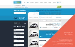 Refonte de site
Page « phare »  :
Les listes des produits/des annonces
sont importantes pour ces clients.
L’achat ne se faisant pas en ligne,
il leur faut intentionner le contact de l’utilisateur.
Une information suffisamment dense
mais qui nécessite un complément par contact
 