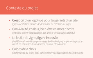 Contexte du projet
•	 Création d’un logotype pour les gérants d’un gîte
	 (gîte ouvert dans l’année de demande de création du logo)
•	 Convivialité, chaleur, bien-être en mots d’ordre
	 (le public cible n’est pas large, des amis d’amis au plus étendu)
•	 La feuille de vigne, figure imposée
	 (le défi consistait à incorporer cette feuille de vigne, importante pour le
	 client, en référence à son adresse postale et son nom)
•	 Coloris déjà choisi
	 (la demande du client était cohérente avec l’application de ses besoins
 