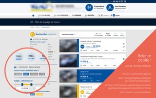 Refonte
de site :
vue de listing produit
secteur : automobile (agence)
brief : site jugé dépassé, distinguer
les univers neuf et occasion
actions : brief, scénario, wireframing, conception
graphique des pages et complément d’icônes
note : site en cours de réalisation
 