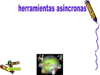 Hemos visto que son todas aquellas que permiten la labor
de enseñanza/aprendizaje sin que haya necesidad de que
ambos coincidan en el tiempo o en el espacio, como los
foros, las listas de distribución, los wikis, los blogs, el
correo electrónico, las pizarras virtuales, etc.
De entre todos ellos mencionar los blogs, que son como
podéis comprobar un espacio virtual que permite de
forma personal ecribir a través de Internet artículos de
texto acerca de cualquier tema, pudiéndole agregar
imágenes, videos, audios, enlaces a otras páginas Web o a
otros blogs, etc. Como permiten una gran interactividad
regresar
 
