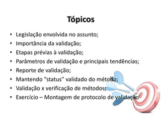 Tópicos
• Legislação envolvida no assunto;
• Importância da validação;
• Etapas prévias à validação;
• Parâmetros de validação e principais tendências;
• Reporte de validação;
• Mantendo “status” validado do método;
• Validação x verificação de métodos;
• Exercício – Montagem de protocolo de validação
 
