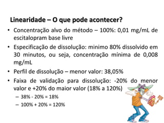 Linearidade – O que pode acontecer?
• Concentração alvo do método – 100%: 0,01 mg/mL de
escitalopram base livre
• Especificação de dissolução: minimo 80% dissolvido em
30 minutos, ou seja, concentração mínima de 0,008
mg/mL
• Perfil de dissolução – menor valor: 38,05%
• Faixa de validação para dissolução: -20% do menor
valor e +20% do maior valor (18% a 120%)
– 38% - 20% = 18%
– 100% + 20% = 120%
 