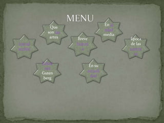 En la
            Que
                                     edad
           son las
                                     media
            artes    Breve                   Época
Introd               histori                 de las
ucción                  a                    cavern
                                               as

         Johan
                            En su
          nes
                           actuali
         Guten
                             dad
          berg
 