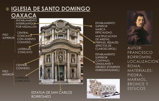  IGLESIA DE SANTO DOMINGO
OAXACA
AUTOR:
FRANCESCO
BORROMINI.
LOCALIZACION:
ROMA.
MATERIALES:
PIEDRA,
MARMOL,
BRONCE Y
ESTUCOS
ENTABLAMIENTO
INTERRUMPIDO
POR MEDALLON
CENTRAL
CONCAVO
CON ADIENTO
CONVEXO.
LATERALES
CONCAVO
.
LATERALES
CONCAVO
CENTRAL
CONVEXO.
PISO
SUPERIOR
.
PISO
INFERIOR
ESTATUA DE SAN CARLOS
BORROMEO
ESTABLAMENTO
SUPERIOR
MARCA
ERTICALIDAD.
MULTIPLICACION
DE ARISTAS,
PERFILES, RESALTES
(EFECTOS DE
CLAROSCUROS.)
ESTABLAMENTO
SUPERIOR
CONTINUO,
ONDULANTE Y
GRUESO (FOMENTA
HORIZONTALIDAD.)
 