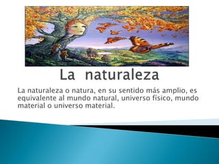 La naturaleza o natura, en su sentido más amplio, es
equivalente al mundo natural, universo físico, mundo
material o universo material.
 