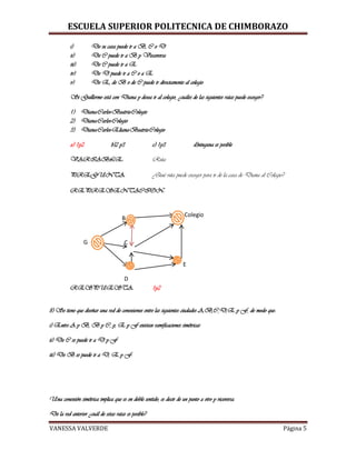 ESCUELA SUPERIOR POLITECNICA DE CHIMBORAZO
VANESSA VALVERDE Página 5
B
C
D
E
Colegio
i) De su casa puede ir a B, C o D
ii) De C puede ir a B y Visceversa
iii) De C puede ir a E
iv) De D puede ir a C o a E
v) De E, de B o de C puede ir directamente al colegio
Si Guillermo está con Diana y desea ir al colegio, ¿cuáles de las siguientes rutas puede escoger?
1) Diana-Carlos-Beatriz-Colegio
2) Diana-Carlos-Colegio
3) Diana-Carlos-Eliana-Beatriz-Colegio
a) 1y2 b)2 y3 c) 1y3 d)ninguna es posible
VARIABLE: Ruta
PREGUNTA: ¿Qué ruta puede escoger para ir de la casa de Diana al Colegio?
REPRESENTACION:
RESPUESTA: 1y2
8) Se tiene que diseñar una red de conexiones entre las siguientes ciudades A,B,C,D,E y F, de modo que:
i) Entre A y B, B y C, y, E y F existan ramificaciones simétricas
ii) De C se puede ir a D y F
iii) De B se puede ir a D, E y F.
Una conexión simétrica implica que es en doble sentido, es decir de un punto a otro y viceversa.
De la red anterior ¿cuál de estas rutas es posible?
G
 