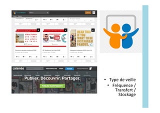 •  Type	de	veille	
•  Fréquence	/	
Transfert	/	
Stockage	
 