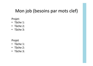 Mon	job	(besoins	par	mots	clef)	
Projet:	
•  Tâche	1:	
•  Tâche	2:	
•  Tâche	3:	
	
	
Projet		
•  Tâche	1:	
•  Tâche	2:	
•  Tâche	3:	
 