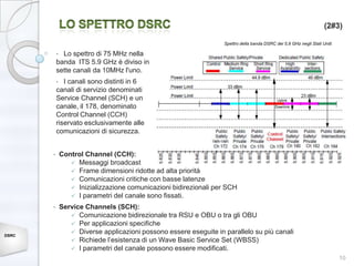 (2#3)

                                                                    Spettro della banda DSRC dei 5,9 GHz negli Stati Uniti

           • Lo spettro di 75 MHz nella
           banda ITS 5.9 GHz è diviso in
           sette canali da 10MHz l'uno.
           •  I canali sono distinti in 6
           canali di servizio denominati
           Service Channel (SCH) e un
           canale, il 178, denominato
           Control Channel (CCH)
           riservato esclusivamente alle
           comunicazioni di sicurezza.


       •       Control Channel (CCH):
                   Messaggi broadcast
                   Frame dimensioni ridotte ad alta priorità
                   Comunicazioni critiche con basse latenze
                   Inizializzazione comunicazioni bidirezionali per SCH
                   I parametri del canale sono fissati.

       •       Service Channels (SCH):
                   Comunicazione bidirezionale tra RSU e OBU o tra gli OBU
                   Per applicazioni specifiche
                   Diverse applicazioni possono essere eseguite in parallelo su più canali
DSRC
                   Richiede l’esistenza di un Wave Basic Service Set (WBSS)
                   I parametri del canale possono essere modificati.
                                                                                                                             10
 