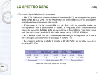 (3#3)


       •   Per quanto riguarda la situazione europea:
               Nel 2008 l'Electronic Communications Committee (ECC) ha assegnato una parte
              della banda dei 5,9 GHz per le infrastrutture di comunicazione per le applicazioni
              stradali prioritarie di sicurezza interveicoli.
               L'intenzione è che la compatibilità con gli Stati Uniti sia garantita anche se
              l'assegnazione non è esattamente la stessa, le frequenze sono sufficientemente
              vicine da consentire l'utilizzo della stessa antenna e trasmettitore / ricevitore: sono
              stati riservati cinque canali da 10 Mhz nella stessa banda (5.875-5.925 Ghz).
               ECC emette quindi una raccomandazione che designa le frequenze da 5.855 a
              5.875 Ghz per applicazioni non di sicurezza in materia ITS.
               La massima potenza irradiata è limitata a 23 dBm/MHz, ed in totale non deve
              eccedere i 33 dBm.




                              Spettro della banda DSRC da 5,9 GHz in Europa
DSRC




                                                                                                        11
 