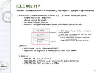 Wireless LAN Medium Access Control (MAC) and Physical Layer (PHY) Specifications

              •   Costituisce un emendamento allo standard 802.11 ed è stato definito per gestire:
                     lunghe distanze tra i dispositivi;
                     elevata velocità dei veicoli;
                     ambiente multipath estremo;
                     molteplici sovrapposizioni di reti ad-hoc, mantenendo elevata la Qos.



                                                                     MAC: Medium Access Control - controllo di
                                                                    accesso al mezzo
                                                                     Strato fisico: Immediatamente sotto allo strato
                                                                    MAC e diviso in due substrati:
                                                                       – PLCP: physical layer convergence procedure
                                                                               ( sincronizzazione)
                                                                       – PMD: physical medium dependent (il canale)


              •   Definisce:
                       le funzioni e i servizi delle stazioni WAVE
                       le tecniche del segnale e le interfacce tra il livello fisico e MAC.


              •   Si basa su:
                       IEEE 802.11 MAC: CSMA/CA
                       IEEE 802.11e enhanced MAC: gestione della qualità del servizio
                       IEEE 802.11a PHY: modulazione OFDM
IEEE
Std 802.11p


                                                                                                                        16
 