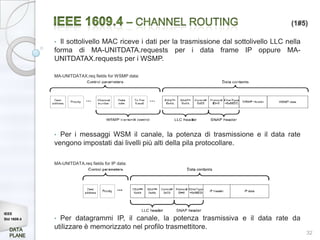 (1#5)

             • Il sottolivello MAC riceve i dati per la trasmissione dal sottolivello LLC nella
             forma di MA-UNITDATA.requests per i data frame IP oppure MA-
             UNITDATAX.requests per i WSMP.

             MA-UNITDATAX.req fields for WSMP data:




             • Per i messaggi WSM il canale, la potenza di trasmissione e il data rate
             vengono impostati dai livelli più alti della pila protocollare.

             MA-UNITDATA.req fields for IP data:




IEEE
Std 1609.4   • Per datagrammi IP, il canale, la potenza trasmissiva e il data rate da
             utilizzare è memorizzato nel profilo trasmettitore.
                                                                                                  32
 