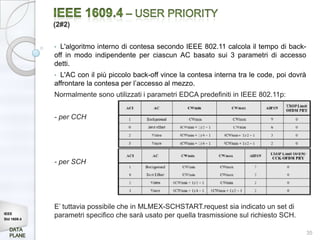 (2#2)


             • L'algoritmo interno di contesa secondo IEEE 802.11 calcola il tempo di back-
             off in modo indipendente per ciascun AC basato sui 3 parametri di accesso
             detti.
             • L'AC con il più piccolo back-off vince la contesa interna tra le code, poi dovrà
             affrontare la contesa per l’accesso al mezzo.
             Normalmente sono utilizzati i parametri EDCA predefiniti in IEEE 802.11p:


             - per CCH




             - per SCH




             E’ tuttavia possibile che in MLMEX-SCHSTART.request sia indicato un set di
IEEE
Std 1609.4
             parametri specifico che sarà usato per quella trasmissione sul richiesto SCH.

                                                                                                  35
 