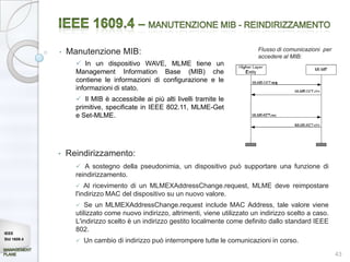 •   Manutenzione MIB:                                                 Flusso di comunicazioni per
                                                                                   accedere al MIB:
                    In un dispositivo WAVE, MLME tiene un
                   Management Information Base (MIB) che
                   contiene le informazioni di configurazione e le
                   informazioni di stato.
                    Il MIB è accessibile ai più alti livelli tramite le
                   primitive, specificate in IEEE 802.11, MLME-Get
                   e Set-MLME.




             •   Reindirizzamento:
                    A sostegno della pseudonimia, un dispositivo può supportare una funzione di
                   reindirizzamento.
                      Al ricevimento di un MLMEXAddressChange.request, MLME deve reimpostare
                   l'indirizzo MAC del dispositivo su un nuovo valore.
                      Se un MLMEXAddressChange.request include MAC Address, tale valore viene
                   utilizzato come nuovo indirizzo, altrimenti, viene utilizzato un indirizzo scelto a caso.
                   L'indirizzo scelto è un indirizzo gestito localmente come definito dallo standard IEEE
IEEE
                   802.
Std 1609.4
                      Un cambio di indirizzo può interrompere tutte le comunicazioni in corso.
                                                                                                                 43
 