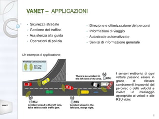 •   Sicurezza stradale      •   Direzione e ottimizzazione dei percorsi
           •   Gestione del traffico   •   Informazioni di viaggio
           •   Assistenza alla guida   •   Autostrade automatizzate
           •   Operazioni di polizia   •   Servizi di informazione generale


        Un esempio di applicazione:




                                                            I sensori elettronici di ogni
                                                            vettura possono essere in
                                                            grado       di        rilevare
                                                            cambiamenti improvvisi del
                                                            percorso o della velocità e
                                                            inviare   un      messaggio
                                                            appropriato ai veicoli e alle
                                                            RSU vicini.
VANET




                                                                                        8
 