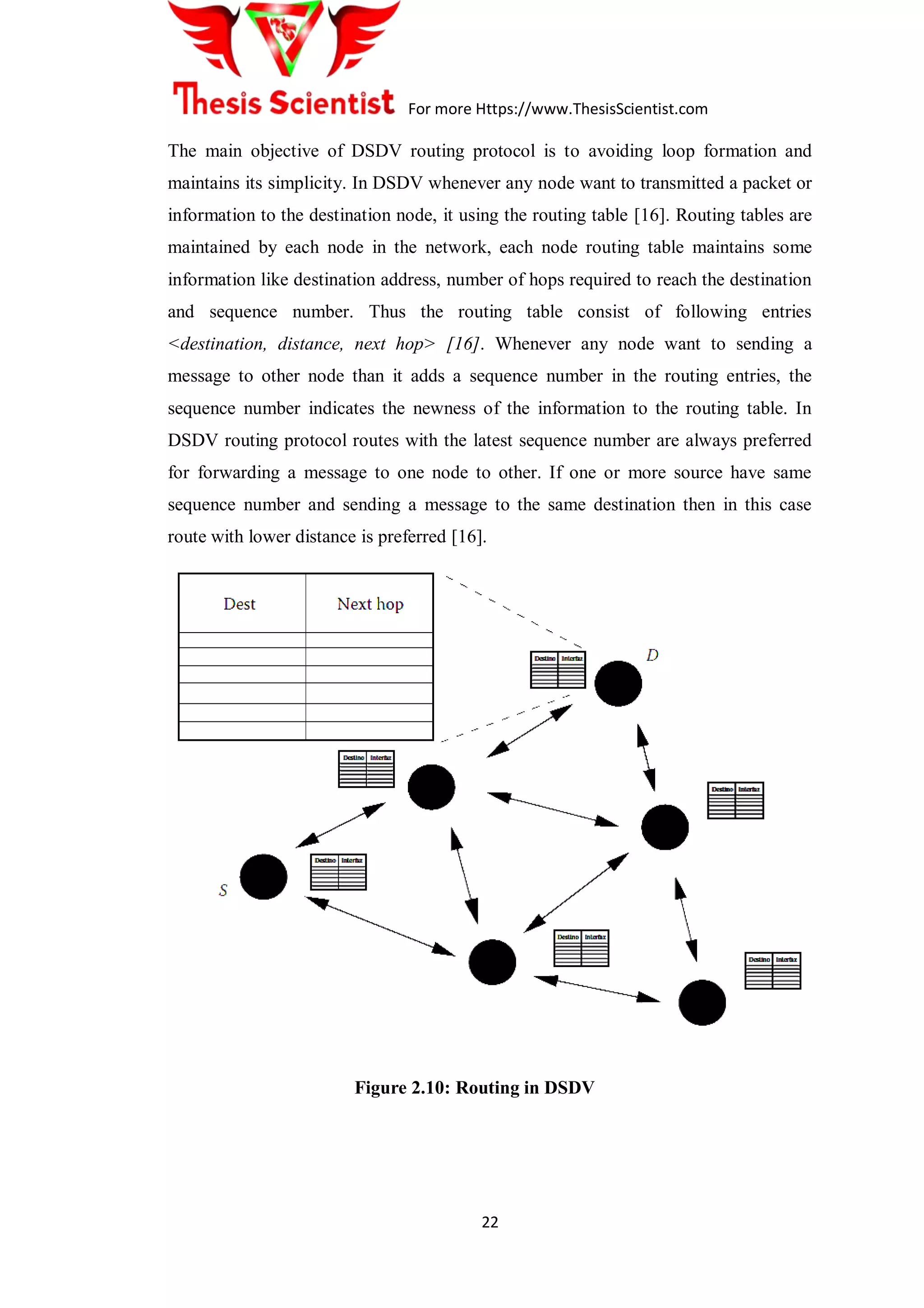 For more Https://www.ThesisScientist.com
22
The main objective of DSDV routing protocol is to avoiding loop formation and
maintains its simplicity. In DSDV whenever any node want to transmitted a packet or
information to the destination node, it using the routing table [16]. Routing tables are
maintained by each node in the network, each node routing table maintains some
information like destination address, number of hops required to reach the destination
and sequence number. Thus the routing table consist of following entries
<destination, distance, next hop> [16]. Whenever any node want to sending a
message to other node than it adds a sequence number in the routing entries, the
sequence number indicates the newness of the information to the routing table. In
DSDV routing protocol routes with the latest sequence number are always preferred
for forwarding a message to one node to other. If one or more source have same
sequence number and sending a message to the same destination then in this case
route with lower distance is preferred [16].
Figure 2.10: Routing in DSDV
 