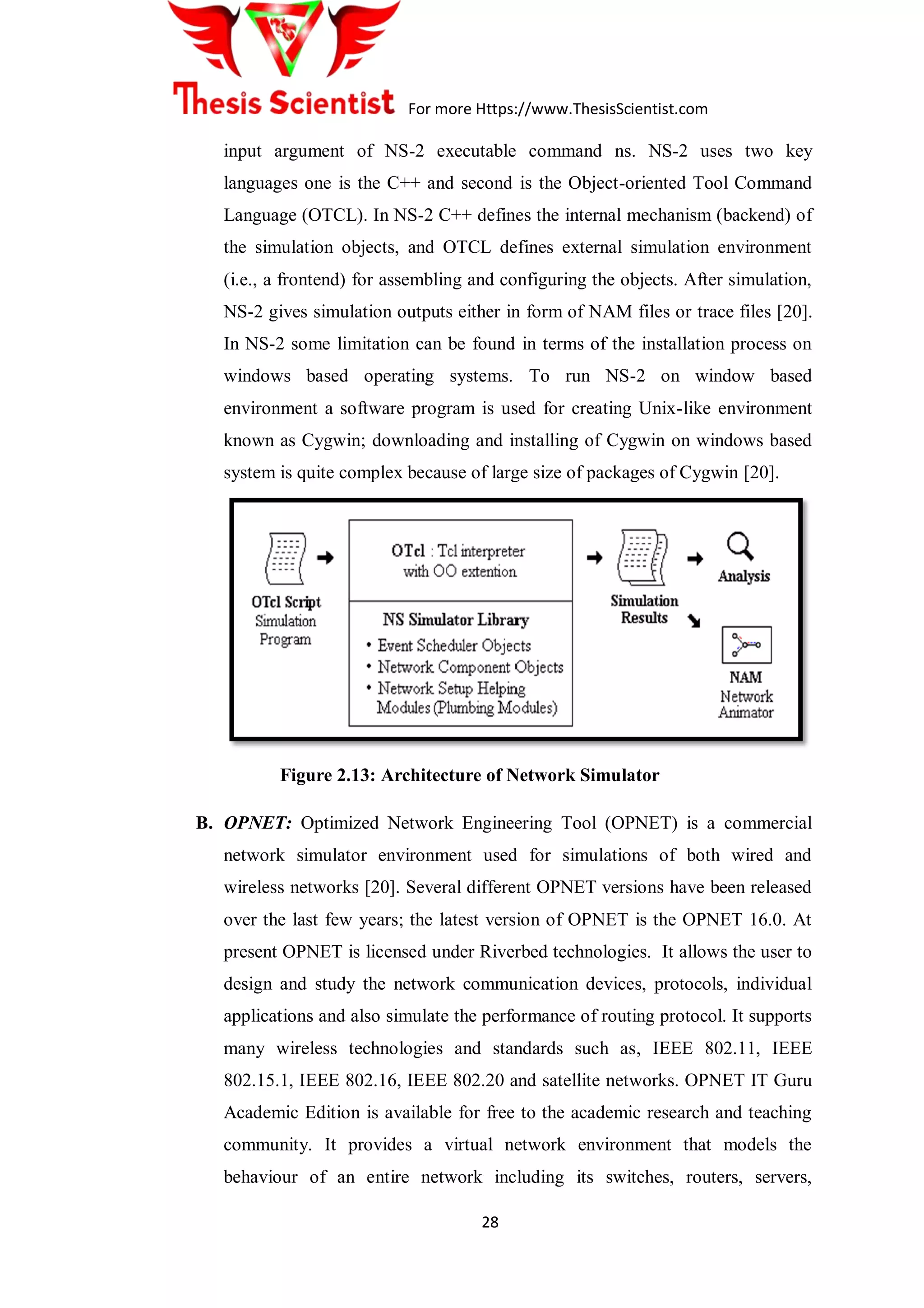For more Https://www.ThesisScientist.com
28
input argument of NS-2 executable command ns. NS-2 uses two key
languages one is the C++ and second is the Object-oriented Tool Command
Language (OTCL). In NS-2 C++ defines the internal mechanism (backend) of
the simulation objects, and OTCL defines external simulation environment
(i.e., a frontend) for assembling and configuring the objects. After simulation,
NS-2 gives simulation outputs either in form of NAM files or trace files [20].
In NS-2 some limitation can be found in terms of the installation process on
windows based operating systems. To run NS-2 on window based
environment a software program is used for creating Unix-like environment
known as Cygwin; downloading and installing of Cygwin on windows based
system is quite complex because of large size of packages of Cygwin [20].
Figure 2.13: Architecture of Network Simulator
B. OPNET: Optimized Network Engineering Tool (OPNET) is a commercial
network simulator environment used for simulations of both wired and
wireless networks [20]. Several different OPNET versions have been released
over the last few years; the latest version of OPNET is the OPNET 16.0. At
present OPNET is licensed under Riverbed technologies. It allows the user to
design and study the network communication devices, protocols, individual
applications and also simulate the performance of routing protocol. It supports
many wireless technologies and standards such as, IEEE 802.11, IEEE
802.15.1, IEEE 802.16, IEEE 802.20 and satellite networks. OPNET IT Guru
Academic Edition is available for free to the academic research and teaching
community. It provides a virtual network environment that models the
behaviour of an entire network including its switches, routers, servers,
 