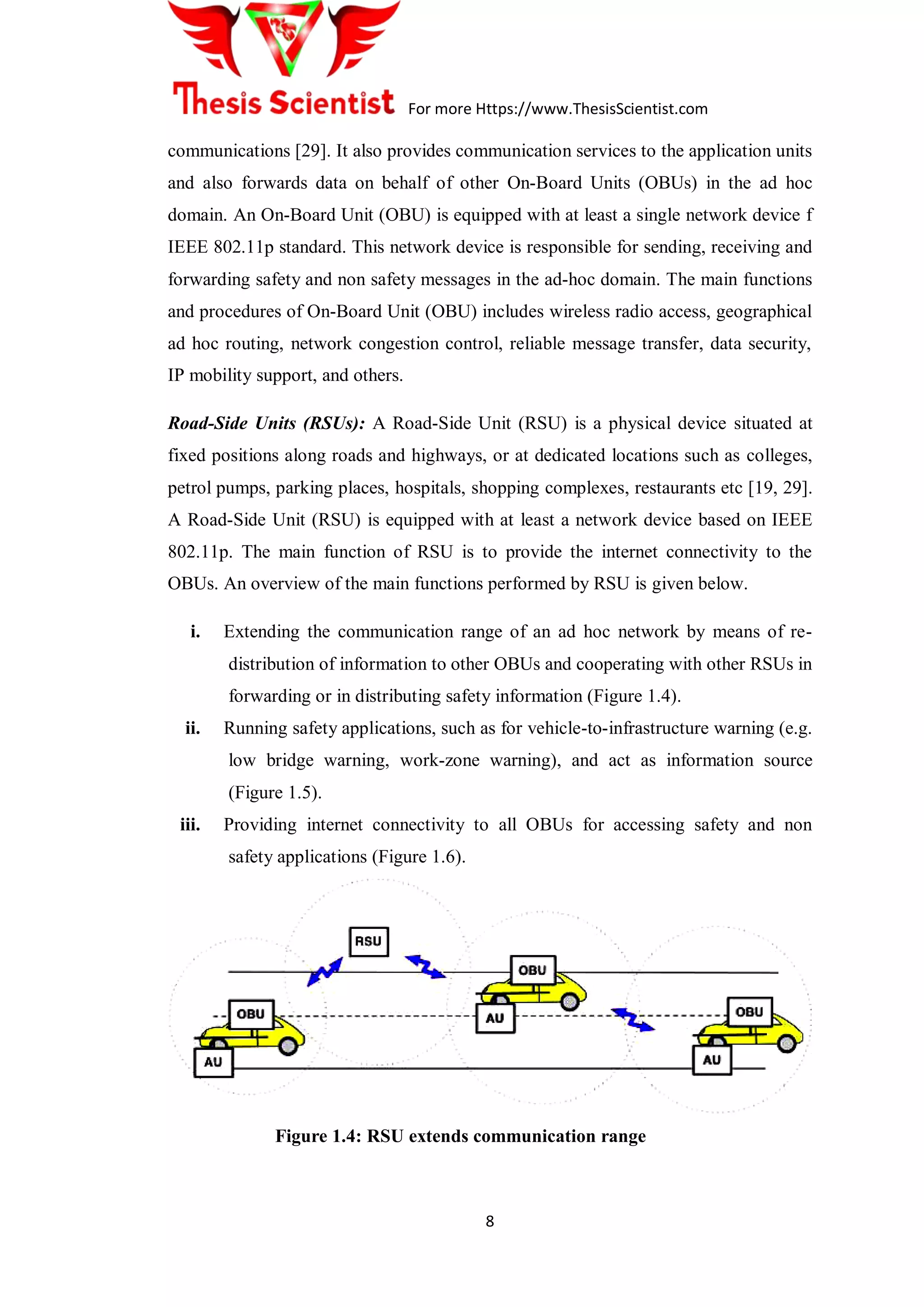For more Https://www.ThesisScientist.com
8
communications [29]. It also provides communication services to the application units
and also forwards data on behalf of other On-Board Units (OBUs) in the ad hoc
domain. An On-Board Unit (OBU) is equipped with at least a single network device f
IEEE 802.11p standard. This network device is responsible for sending, receiving and
forwarding safety and non safety messages in the ad-hoc domain. The main functions
and procedures of On-Board Unit (OBU) includes wireless radio access, geographical
ad hoc routing, network congestion control, reliable message transfer, data security,
IP mobility support, and others.
Road-Side Units (RSUs): A Road-Side Unit (RSU) is a physical device situated at
fixed positions along roads and highways, or at dedicated locations such as colleges,
petrol pumps, parking places, hospitals, shopping complexes, restaurants etc [19, 29].
A Road-Side Unit (RSU) is equipped with at least a network device based on IEEE
802.11p. The main function of RSU is to provide the internet connectivity to the
OBUs. An overview of the main functions performed by RSU is given below.
i. Extending the communication range of an ad hoc network by means of re-
distribution of information to other OBUs and cooperating with other RSUs in
forwarding or in distributing safety information (Figure 1.4).
ii. Running safety applications, such as for vehicle-to-infrastructure warning (e.g.
low bridge warning, work-zone warning), and act as information source
(Figure 1.5).
iii. Providing internet connectivity to all OBUs for accessing safety and non
safety applications (Figure 1.6).
Figure 1.4: RSU extends communication range
 