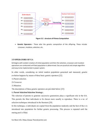 For More Info: Https://www.ThesisScientist.com
Figure 3.2: structure of Fitness Computation
 Genetic Operators − These alter the genetic composition of the offspring. These include
crossover, mutation, selection, etc.
3.5 OPERATORS OF GA
GA begins with random creation of initial population and then the selection, crossover and mutation
operations are conducted until best population is determined. Gas are practical and simple algorithm
and easy to be implemented in power system.
In other words, considering an initial random population generated and measured, genetic
evolution happens by means of three basic genetic operators [22].
1) Parent selection.
2) Crossover.
3) Mutation.
The descriptions of these genetic operators are provided below [23]:
1. Parent Selection/Selection Strategy:
The selection of parents to generate successive generations plays a significant role in the GA.
This permits the fitter individuals to be chosen more usually to reproduce. There is a no. of
selection techniques introduced in the literature [24].
In this technique, n individuals are copied from the population randomly and the best of the n is
introduced into population for further genetic processing. This process is repeated until the
mating pool is filled.
 