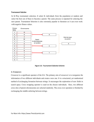 For More Info: Https://www.ThesisScientist.com
TournamentSelection
In K-Way tournament selection, It select K individuals from the population at random and
select the best out of these to become a parent. The same process is repeated for selecting the
next parent. Tournament Selection is also extremely popular in literature as it can even work
with negative fitness values.
Figure 3.3: Tournament Selection Scheme
2. Crossover:
Crossover is a significant operator of the GA. The primary aim of crossover is to reorganize the
information of two different individuals and create a new one. It is a structured, yet randomized
method of exchanging formation between strings. It encourages the exploration of new fields in
search space. Cross swapping operator is used on the chosen individuals. Here, two different
cross sites of parent chromosomes are selected randomly. The cross over operation is finished by
exchanging the middle substring between strings.
 