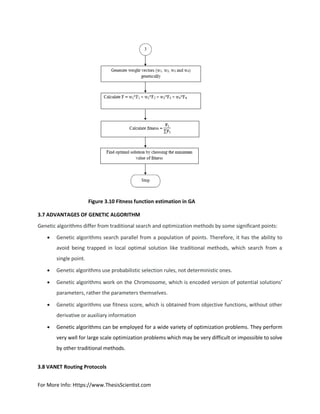 For More Info: Https://www.ThesisScientist.com
Figure 3.10 Fitness function estimation in GA
3.7 ADVANTAGES OF GENETIC ALGORITHM
Genetic algorithms differ from traditional search and optimization methods by some significant points:
 Genetic algorithms search parallel from a population of points. Therefore, it has the ability to
avoid being trapped in local optimal solution like traditional methods, which search from a
single point.
 Genetic algorithms use probabilistic selection rules, not deterministic ones.
 Genetic algorithms work on the Chromosome, which is encoded version of potential solutions’
parameters, rather the parameters themselves.
 Genetic algorithms use fitness score, which is obtained from objective functions, without other
derivative or auxiliary information
 Genetic algorithms can be employed for a wide variety of optimization problems. They perform
very well for large scale optimization problems which may be very difficult or impossible to solve
by other traditional methods.
3.8 VANET Routing Protocols
 