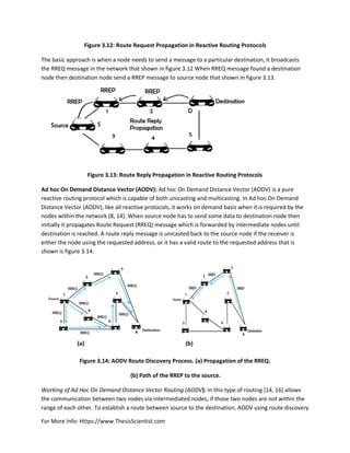 For More Info: Https://www.ThesisScientist.com
Figure 3.12: Route Request Propagation in Reactive Routing Protocols
The basic approach is when a node needs to send a message to a particular destination, it broadcasts
the RREQ message in the network that shown in figure 3.12 When RREQ message found a destination
node then destination node send a RREP message to source node that shown in figure 3.13.
Figure 3.13: Route Reply Propagation in Reactive Routing Protocols
Ad hoc On Demand Distance Vector (AODV): Ad hoc On Demand Distance Vector (AODV) is a pure
reactive routing protocol which is capable of both unicasting and multicasting. In Ad hoc On Demand
Distance Vector (AODV), like all reactive protocols, it works on demand basis when it is required by the
nodes within the network [8, 14]. When source node has to send some data to destination node then
initially it propagates Route Request (RREQ) message which is forwarded by intermediate nodes until
destination is reached. A route reply message is unicasted back to the source node if the receiver is
either the node using the requested address, or it has a valid route to the requested address that is
shown is figure 3.14.
(a) (b)
Figure 3.14: AODV Route Discovery Process. (a) Propagation of the RREQ.
(b) Path of the RREP to the source.
Working of Ad Hoc On Demand Distance Vector Routing (AODV): In this type of routing [14, 16] allows
the communication between two nodes via intermediated nodes, if those two nodes are not within the
range of each other. To establish a route between source to the destination, AODV using route discovery
 