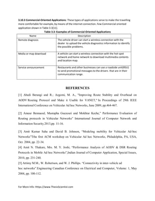 For More Info: Https://www.ThesisScientist.com
3.10.3 Commercial-Oriented Applications: These types of applications serve to make the travelling
more comfortable for example, by means of the internet connection. Few Commercial oriented
application shown in Table 3.3[11].
Table 3.3: Examples of Commercial-Oriented Applications
Name Description
Remote diagnosis The vehicle driver can start a wireless connection with the
dealer to upload the vehicle diagnostics information to identify
the possible problems.
Media or map download A vehicle can start a wireless connection with the hot-spot
network and home network to download multimedia contents
and location map.
Service announcement Restaurants and other businesses can use a roadside unit(RSU)
to send promotional messages to the drivers that are in their
communication range.
REFERENCES
[1] Abedi Berangi and R.; Azgomi, M. A., "Improving Route Stability and Overhead on
AODV Routing Protocol and Make it Usable for VANET," In Proceedings of 29th IEEE
International Conference on Vehicular Ad hoc Networks, June 2009, pp.464-467.
[2] Ameur Bennaoul, Mustapha Guezouri and Mokhtar Keche,” Performance Evaluation of
Routing protocols in Vehicular Networks” International Journal of Computer Network and
Information Security,2013,pp. 11-16.
[3] Amit Kumar Saha and David B. Johnson, “Modeling mobility for Vehicular Ad-hoc
Networks”Tthe first ACM workshop on Vehicular Ad hoc Networks, Philadelphia, PA, USA,
Oct. 2004, pp. 22-34.
[4] Amit N. Thakare, Mrs. M. Y. Joshi, “Performance Analysis of AODV & DSR Routing
Protocols in Mobile Ad hoc Networks”,Indian Journal of Computer Application, Special Issues,
2010, pp. 231-240.
[5] Artimy M.M., W. Robertson, and W. J. Phillips. “Connectivity in inter-vehicle ad
hoc networks”.Engineering Canadian Conference on Electrical and Computer, Volume: 1, May
2004, pp. 100-112.
 
