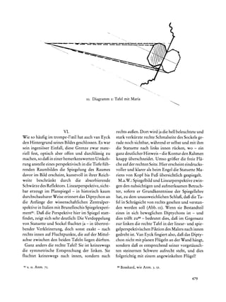 io. Diagramm2: Tafel mit Maria




                         VI.                            rechtsaufen. Dort wirdjadie hellbeleuchtete
                                                                                                  und
Wie so haufig im trompe-l'ceil hat auch van Eyck        starkverkiirzte
                                                                      rechteSchmalseite Sockelsge-
                                                                                         des
den Hintergrund seines Bildes geschlossen. Es war       radenoch sichtbar,wahrender selbstund mit ihm
sein ingeni6ser Einfall, diese Grenze zwar mate-        die Statuette nach links innen riicken, wo - ein
riell fest, optisch aber offen und durchlassig zu       ganz deutlicher Hinweis - die Kontur den Rahmen
machen, so dafiin einer bemerkenswertenUmkeh-           knapp iiberschneidet. Umso grofier die freie Fla-
rung anstelle eines perspektivisch in die Tiefe fiih-   che auf der rechten Seite. Hier erscheint eindrucks-
renden Raumbildes die Spiegelung des Raumes             voller und klarer als beim Engel die Statuette Ma-
davor im Bild erscheint, kunstvoll in ihrer Reich-      riens von Kopf bis Fug iibersichtlich gespiegelt.
weite beschrankt durch die absorbierende                 M.a.W.:Spiegelbild und Linearperspektivezwin-
Schwarze des Reflektors. Linearperspektive,sicht-       gen den nahsichtigen und aufmerksamenBetrach-
bar erzeugt im Planspiegel - in historisch kaum         ter, sofern er Grundkenntnisse der Spiegellehre
durchschaubarerWeise erinnert das Diptychon an          hat, zu dem unausweichlichen Schlufi, dafi die Ta-
die Anfange der wissenschaftlichen Zentralper-          fel in Schragsichtvon rechts gesehen und verstan-
spektive in Italien mit Brunelleschis Spiegelexperi-    den werden soll (Abb. Io). Wenn sie Bestandteil
ment87.Dati die Perspektive hier im Spiegel statt-      eines in sich beweglichen Diptychons ist - und
findet, zeigt sich sehr deutlich: Die Verdoppelung      dies trifft zu88- bedeutet dies, dafi im Gegensatz
von Statuette und Sockel fluchtet ja - in iibertrei-    zur linken die rechte Tafel in der linear- und spie-
bender Verkleinerung, doch sonst exakt - nach           gelperspektivischen Fiktion des Malers nach innen
rechts innen auf Fluchtpunkte, die auf der Mittel-      gedreht ist. Van Eyck fingiert also, dafi das Dipty-
achse zwischen den beiden Tafeln liegen diirften.       chon nicht mit planen Fliigeln an der Wand hangt,
  Ganz anders die rechte Tafel! Sie ist keineswegs      sondern daf es entsprechend seiner vorgetausch-
die symmetrische Entsprechung der linken. Sie           ten steinernen Schwere aufrecht steht, und dies
fluchtet keineswegs nach innen, sondern nach            folgerichtig mit einem angewinkelten Fliigel!

87 s. o. Anm. 75.                                                  wie Anm.3, 52.
                                                        88 Bosshard,



                                                                                                    479
 