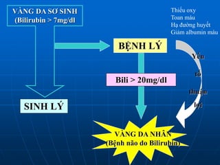 VÀNG DA SƠ SINH
(Bilirubin > 7mg/dl
SINH LÝ
BỆNH LÝ
Bili > 20mg/dl
VÀNG DA NHÂN
(Bệnh não do Bilirubin)
Yếu
tố
thuận
lợi
Thiếu oxy
Toan máu
Hạ đường huyết
Giảm albumin máu
 