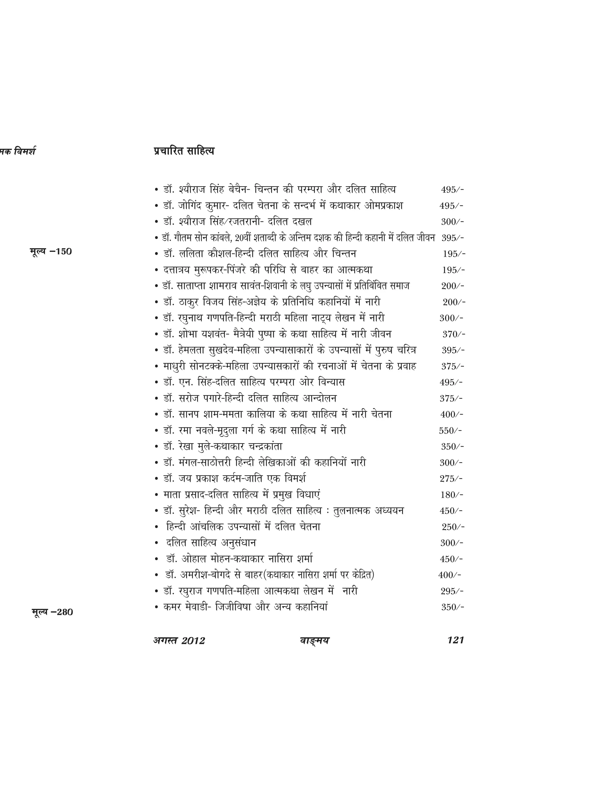 ok≥~e; 121vxLr 2012
izpkfjr lkfgR;izpkfjr lkfgR;izpkfjr lkfgR;izpkfjr lkfgR;izpkfjr lkfgR;
Û MkW- ';kSjkt flag cspSu& fpUru dh ijEijk vkSj nfyr lkfgR; 495@&
Û MkW- tksfxan dqekj& nfyr psruk ds lUnHkZ esa dFkkdkj vkseizdk'k 495@&
Û MkW- ';kSjkt flag@jtrjkuh& nfyr n[ky 300@&
Û MkW- xkSre lksu dkacys] 20oha 'krkCnh ds vfUre n'kd dh fgUnh dgkuh esa nfyr thou 395@&
Û MkW- yfyrk dkS'ky&fgUnh nfyr lkfgR; vkSj fpUru 195@&
Û nÙkk=k; eq:idj&fiatjs dh ifjf/k ls ckgj dk vkRedFkk 195@&
Û MkW- lkrkIrk 'kkejko lkoar&f'kokuh ds y?kq miU;klksa esa izfrfcafcr lekt 200@&
Û MkW- Bkdqj fot; flag&vKs; ds izfrfuf/k dgkfu;ksa esa ukjh 200@&
Û MkW- j?kqukFk x.kifr&fgUnh ejkBh efgyk ukV~; ys[ku esa ukjh 300@&
Û MkW- 'kksHkk ;'koar& eS=ks;h iq"ik ds dFkk lkfgR; esa ukjh thou 370@&
Û MkW- gseyrk lq[knso&efgyk miU;klkdkjksa ds miU;klksa esa iq#"k pfj=k 395@&
Û ek/kqjh lksuVDds&efgyk miU;kldkjksa dh jpukvksa esa psruk ds izokg 375@&
Û MkW- ,u- flag&nfyr lkfgR; ijEijk vksj foU;kl 495@&
Û MkW- ljkst ixkjs&fgUnh nfyr lkfgR; vkUnksyu 375@&
Û MkW- lkui 'kke&eerk dkfy;k ds dFkk lkfgR; esa ukjh psruk 400@&
Û MkW- jek uoys&e`nqyk xxZ ds dFkk lkfgR; esa ukjh 550@&
Û MkW- js[kk eqys&dFkkdkj pUnzdkark 350@&
Û MkW- eaxy&lkBksÙkjh fgUnh ysf[kdkvksa dh dgkfu;ksa ukjh 300@&
Û MkW- t; izdk'k dnZe&tkfr ,d foe'kZ 275@&
Û ekrk izlkn&nfyr lkfgR; esa izeq[k fo/kk,a 180@&
Û MkW- lqjs'k& fgUnh vkSj ejkBh nfyr lkfgR; % rqyukRed v/;;u 450@&
Û fgUnh vkapfyd miU;klksa esa nfyr psruk 250@&
Û nfyr lkfgR; vuqla/kku 300@&
Û MkW- vksgky eksgu&dFkkdkj ukfljk 'kekZ 450@&
Û MkW- vejh'k&cksxns ls ckgj¼dFkkdkj ukfljk 'kekZ ij dsfnzr½ 400@&
Û MkW- j?kqjkt x.kifr&efgyk vkRedFkk ys[ku esa ukjh 295@&
Û dej esokMh& ftthfo"kk vkSj vU; dgkfu;ka 350@&
ed foe'kZ
ewY; &150
ewY; &280
 