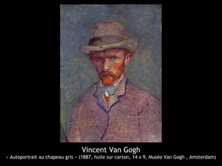 Vincent Van Gogh
« Autoportrait au chapeau gris » (1887, huile sur carton, 14 x 9, Musée Van Gogh , Amsterdam)
 