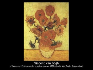 Vincent Van Gogh
« Vase avec 15 tournesols » (Arles Janvier 1889, Musée Van Gogh, Amsterdam)
 